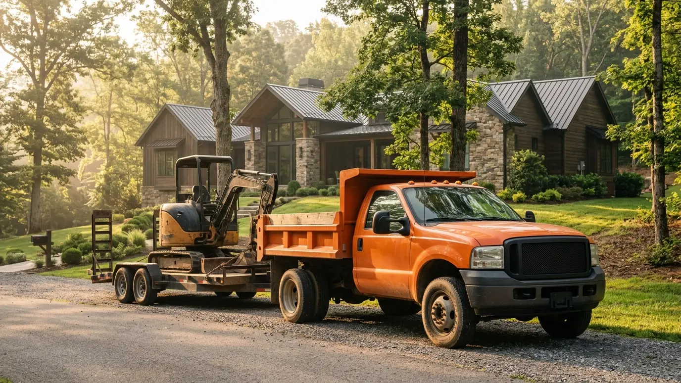 An orange dump truck and a flatbed trailer carrying a small excavator parked in front of a modern Tennessee home in warm morning light