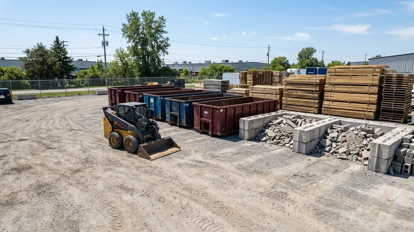 A tidy equipment yard with a skid steer, a stack of empty roll-off dumpsters and neat piles of sorted lumber and concrete in bright light