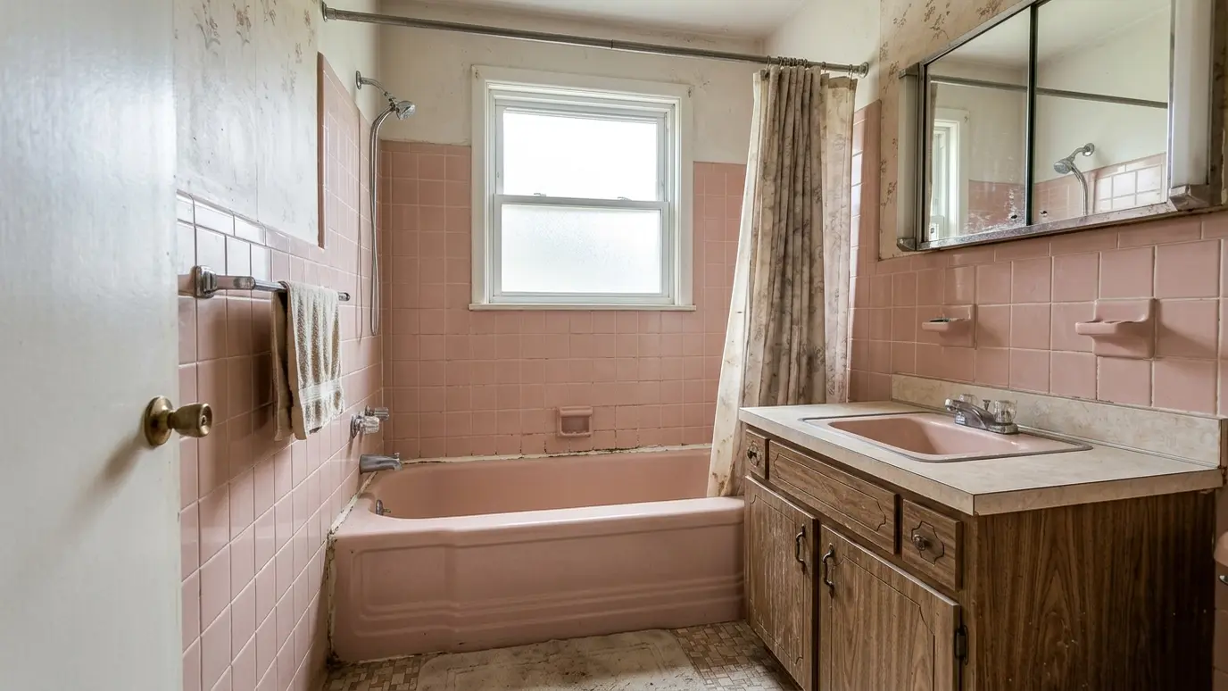 Before: a bathroom with a pink tub, dated tile and a vanity