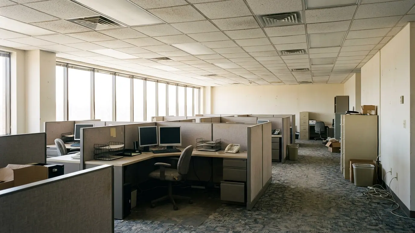 Before: a commercial office with a drop ceiling, carpet and partition walls