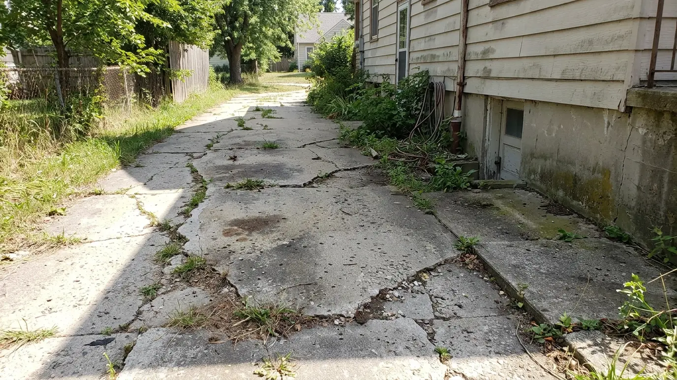 Before: a driveway beside a house with a cracked, uneven concrete driveway