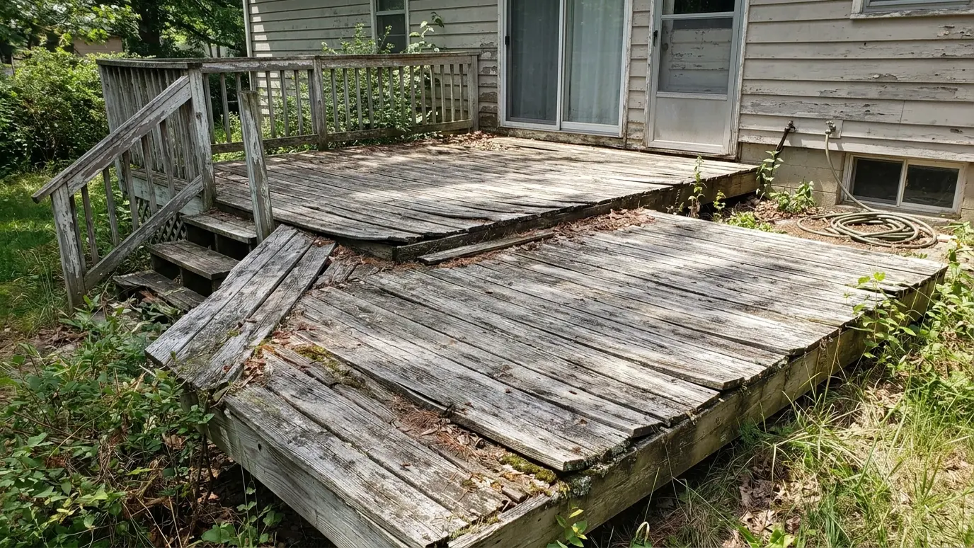 Before: a backyard with a weathered wooden deck with loose boards