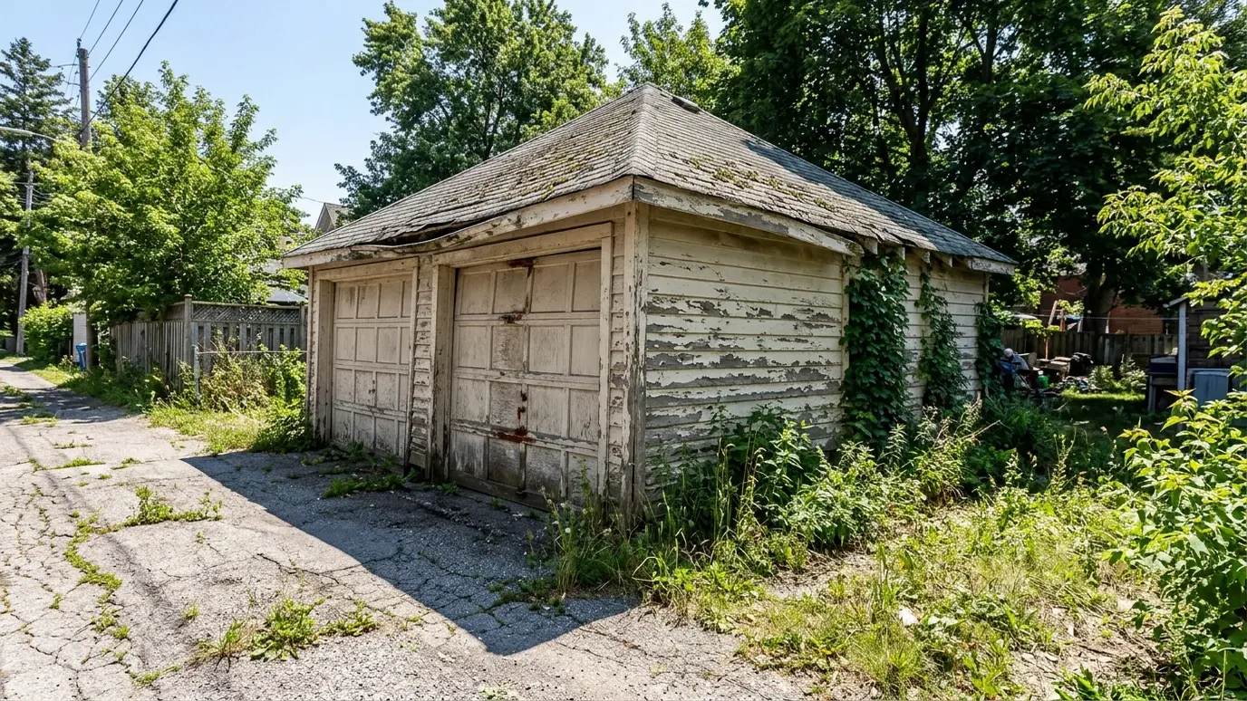 Before: a driveway and yard with an old garage with a leaning roof