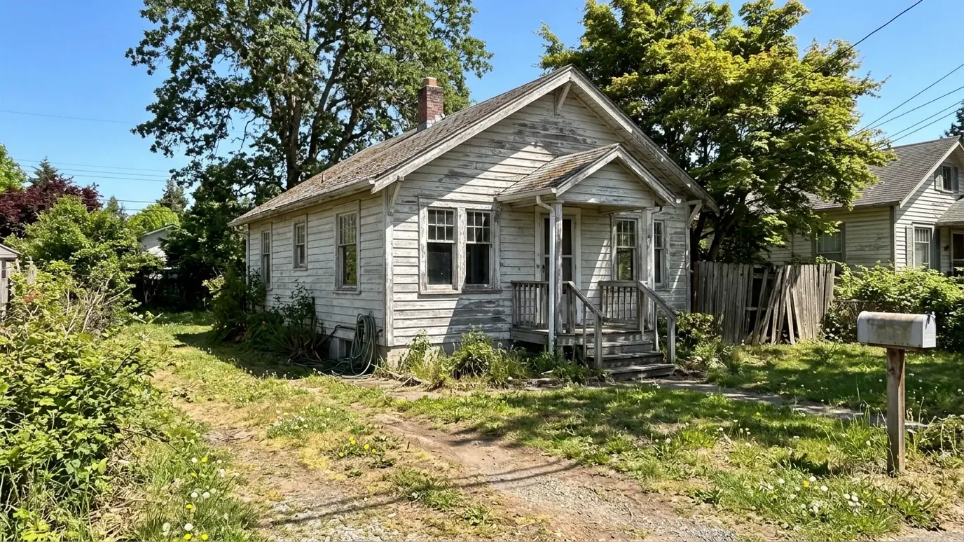 Before: a residential lot with an old wood-frame house