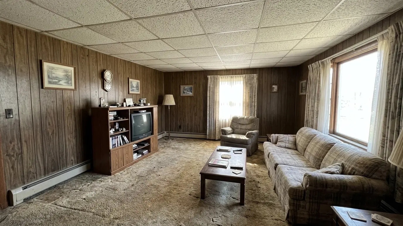 Before: a living room with worn carpet, paneled walls and a drop ceiling