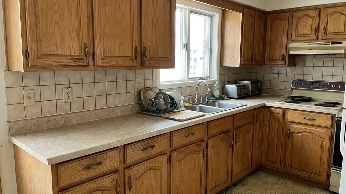 Before: a kitchen with worn oak cabinets, laminate counters and an old backsplash