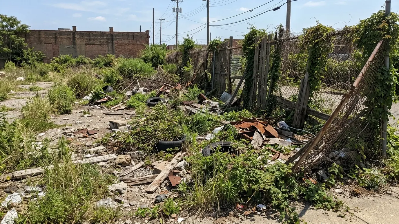 Before: a vacant lot with old debris, brush and a broken fence