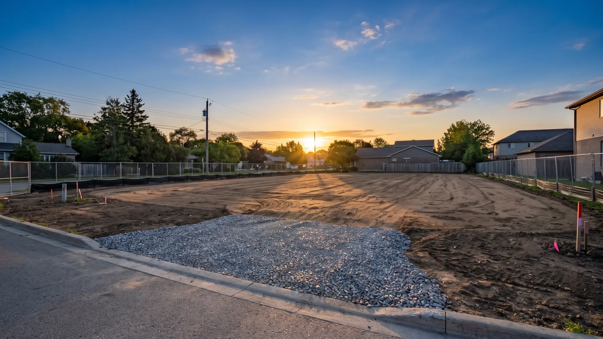 A freshly cleared, level building lot with smooth bare soil and a neat gravel entrance after demolition, ready for new construction, under a blue sky at sunrise
