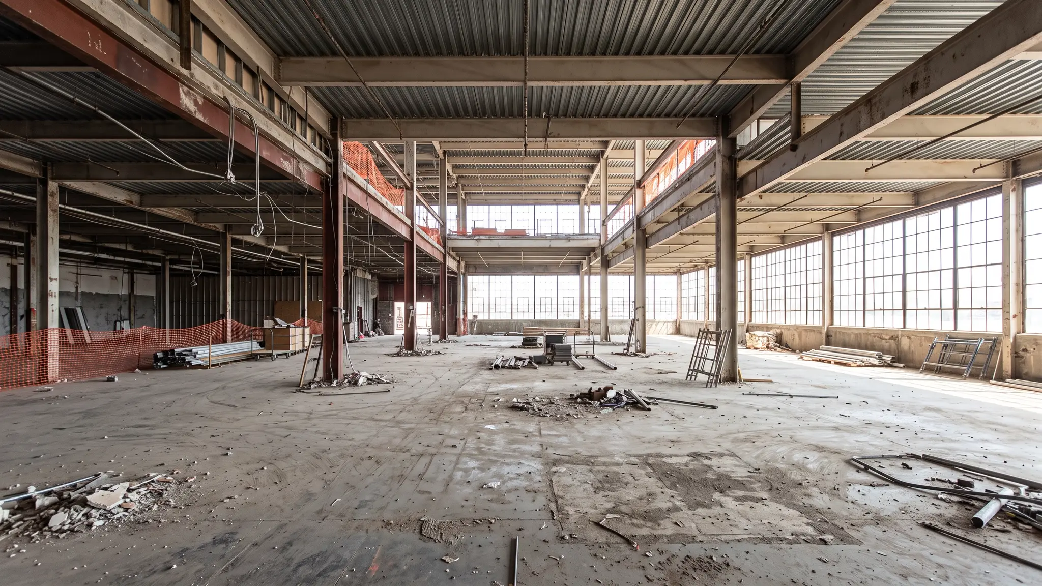 A commercial building interior stripped to steel beams and bare concrete floors during selective demolition, with bright daylight through large windows