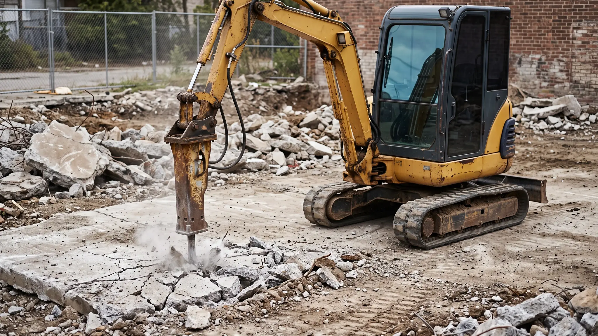 A small excavator with a hydraulic breaker breaking up a cracked concrete slab with chunks of broken concrete and dust