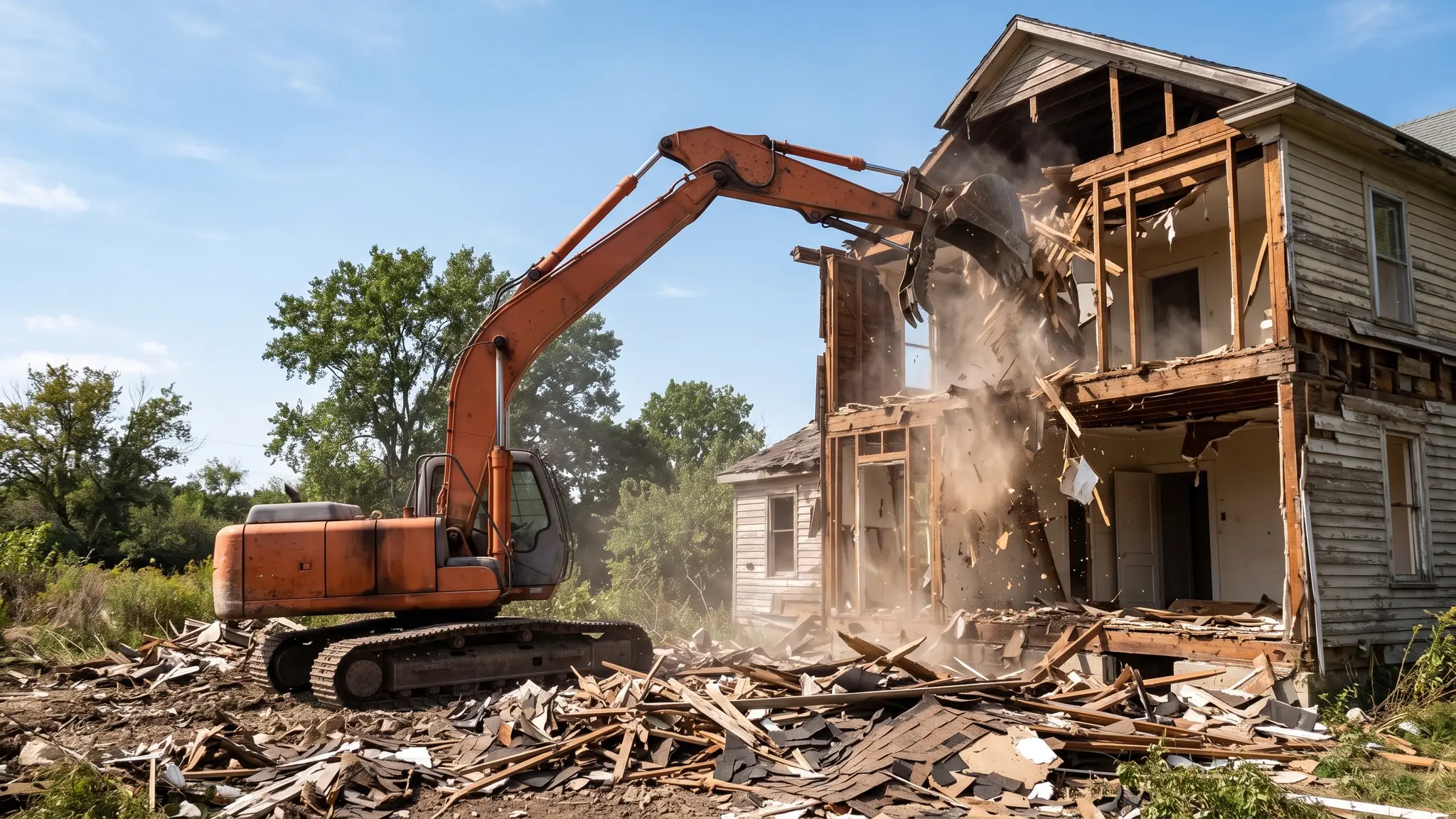 An orange excavator with a long arm tearing down the wooden frame of an old two-story house with dust in the air under a blue sky