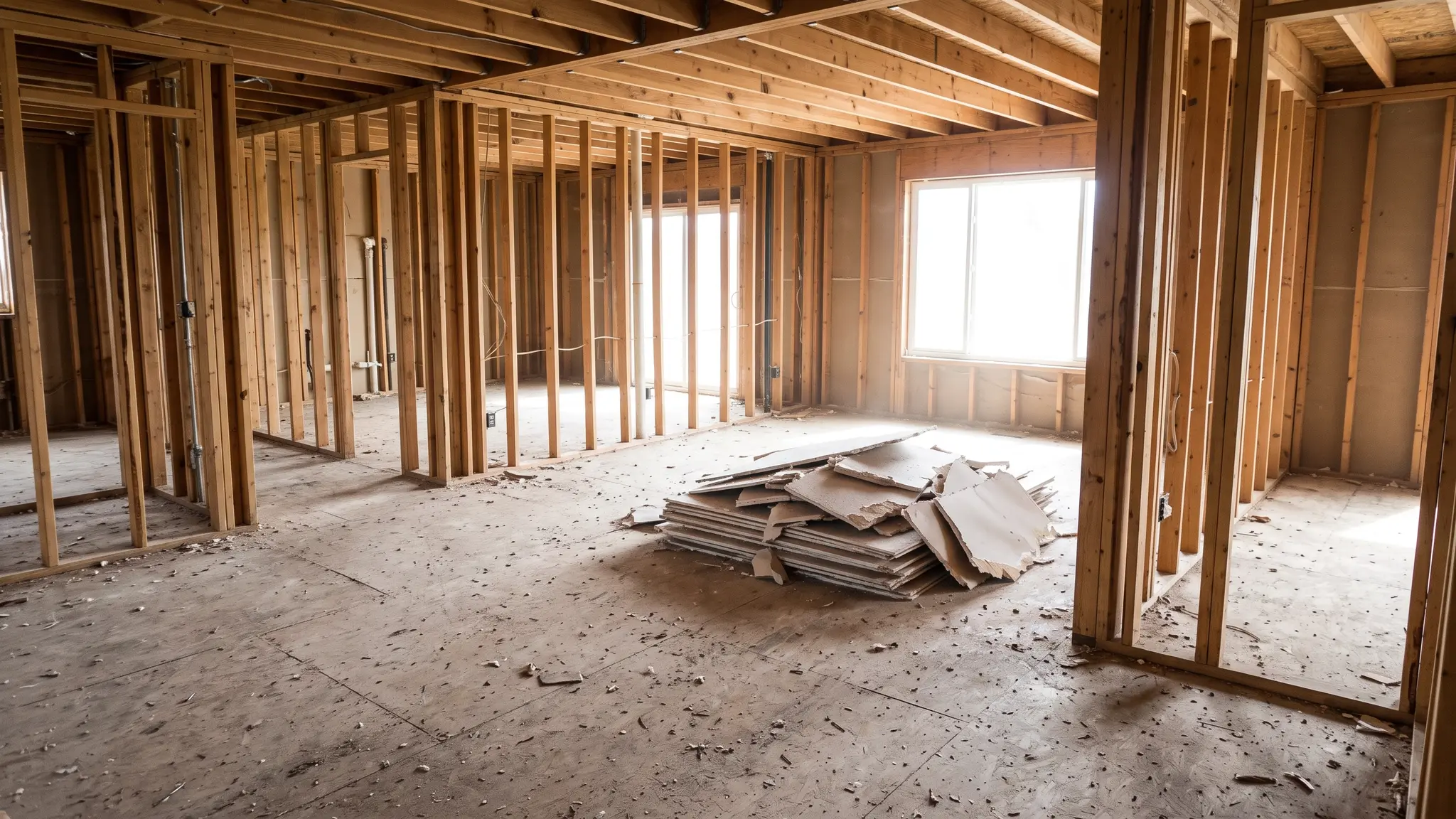 A large room stripped down to bare wall studs and a bare subfloor after interior demolition, with a neat pile of drywall pieces and bright light through a window
