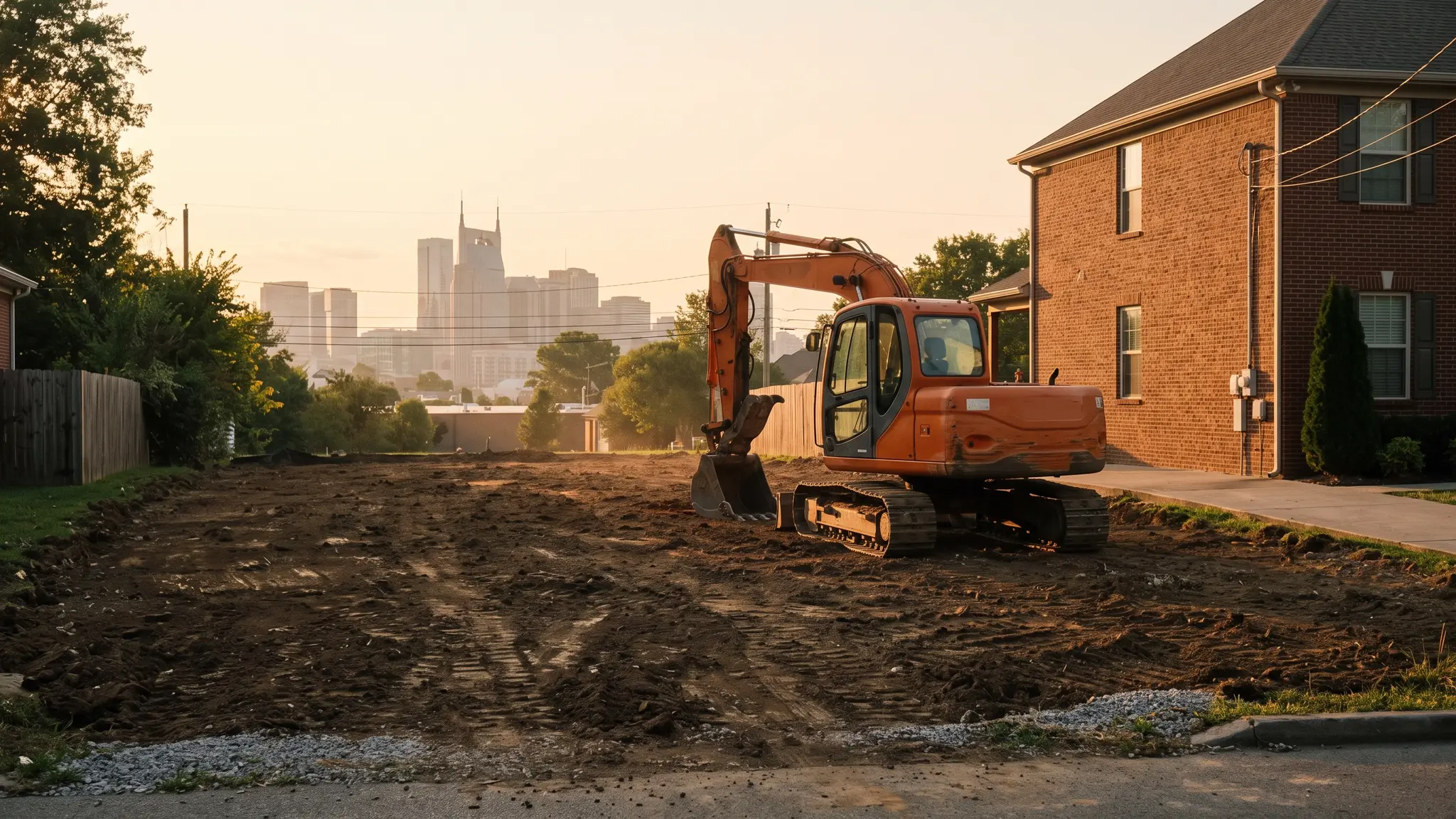 A cleared flat residential lot with fresh bare soil beside a brick house, an orange excavator parked on it at golden hour, with the Nashville skyline softly visible in the distance