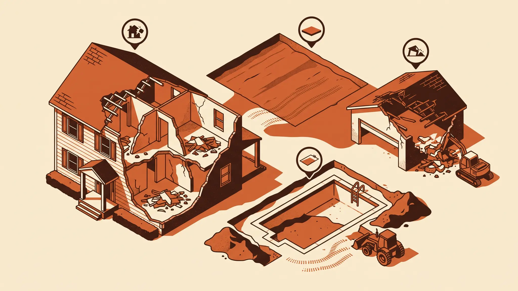A cutaway illustration of a house showing interior demolition, a garage tear-down, a pool removal and a cleared lot with small marker icons, in burnt orange, dark brown and cream