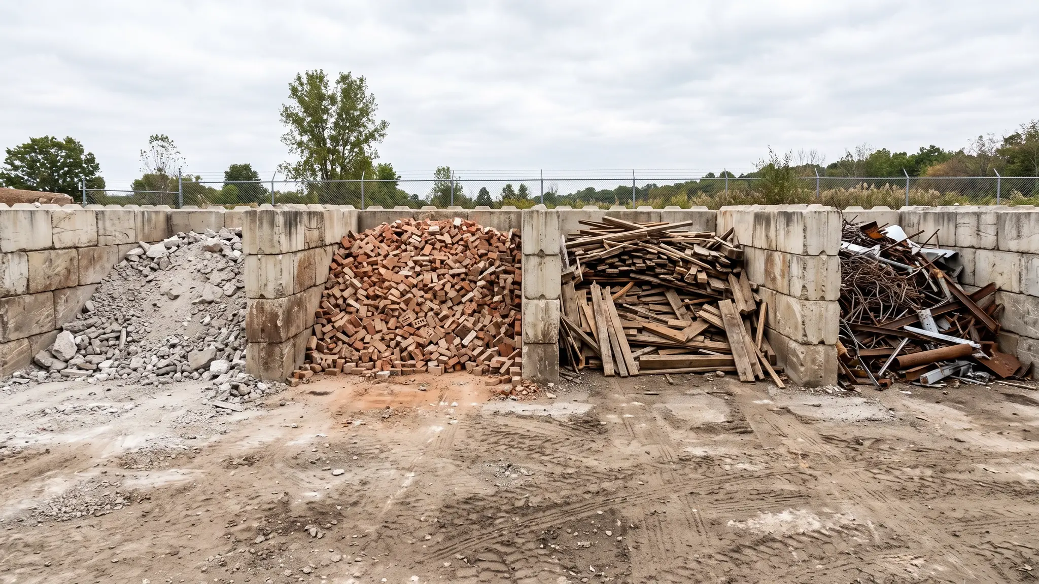 Neat piles of sorted demolition materials in a recycling yard: crushed concrete, bricks, lumber and scrap metal in separate bays
