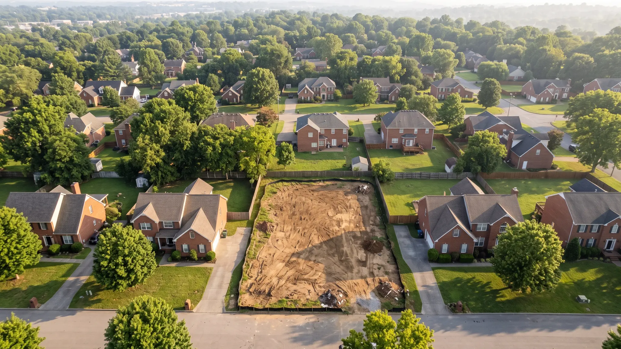 Demolition services | Music City Demolition An aerial view of a Nashville neighborhood with brick homes and one freshly cleared lot in soft morning light