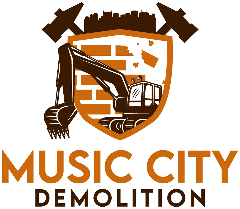 Music City Demolition logo: an excavator in front of a shield with a crumbling brick wall pattern, topped with a city skyline and two crossed sledgehammers, above the words Music City Demolition in burnt orange and dark brown