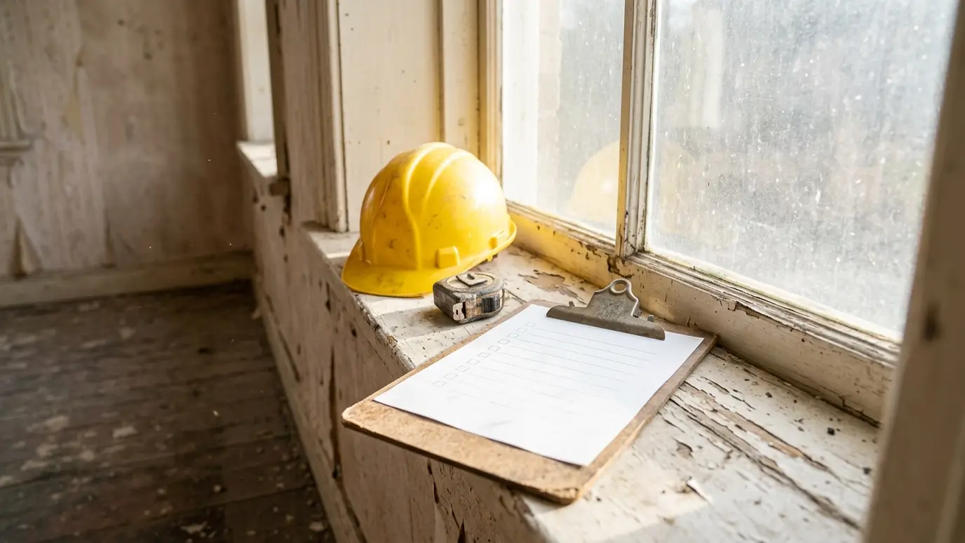 Walk the site A hard hat, a tape measure and a clipboard with a blank checklist on a window sill of an old empty room in bright light