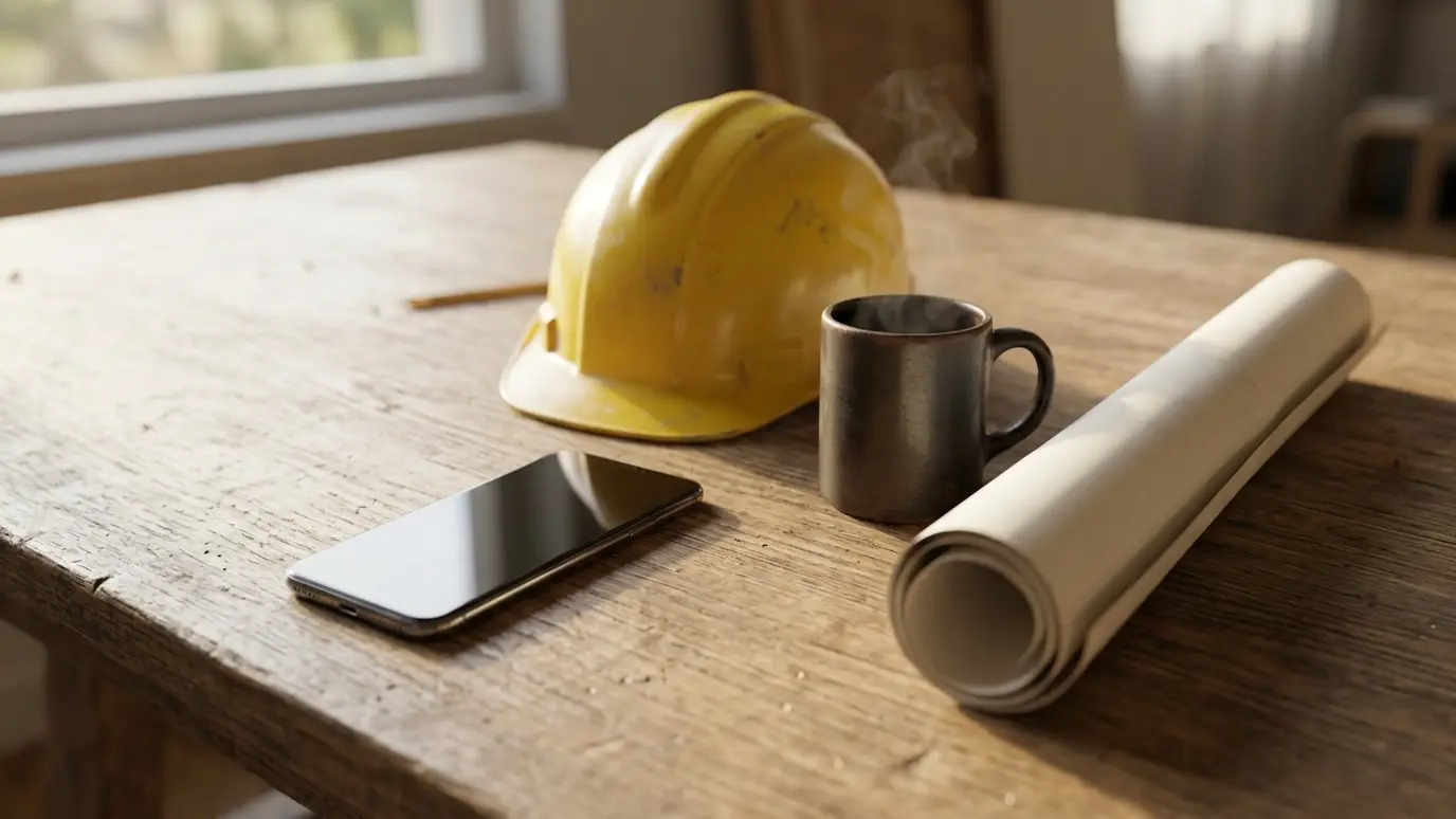 Call and schedule A smartphone with a blank dark screen on a table beside a coffee mug, a hard hat and a rolled blank plan in soft warm light
