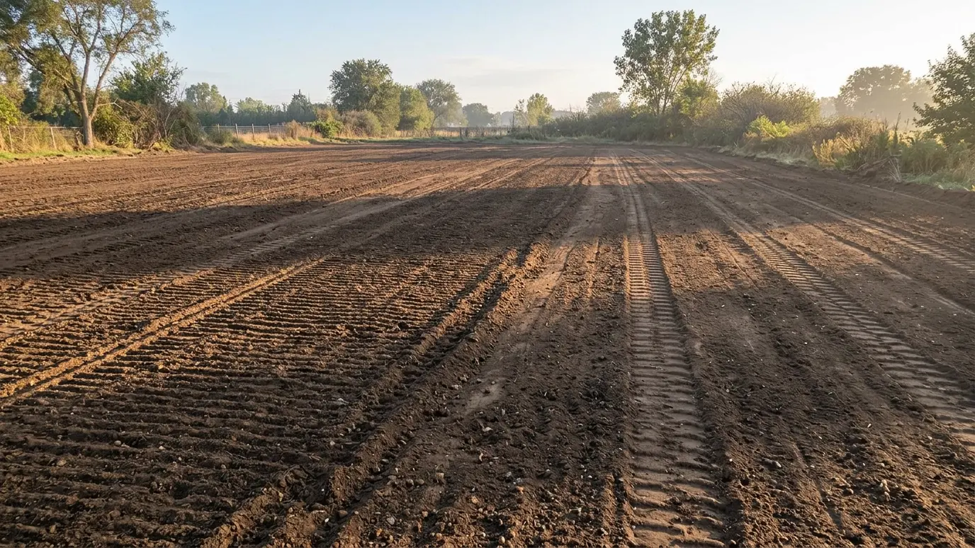 Grade and walk through A freshly raked, level cleared lot with clean bare soil and straight tire marks in bright morning light