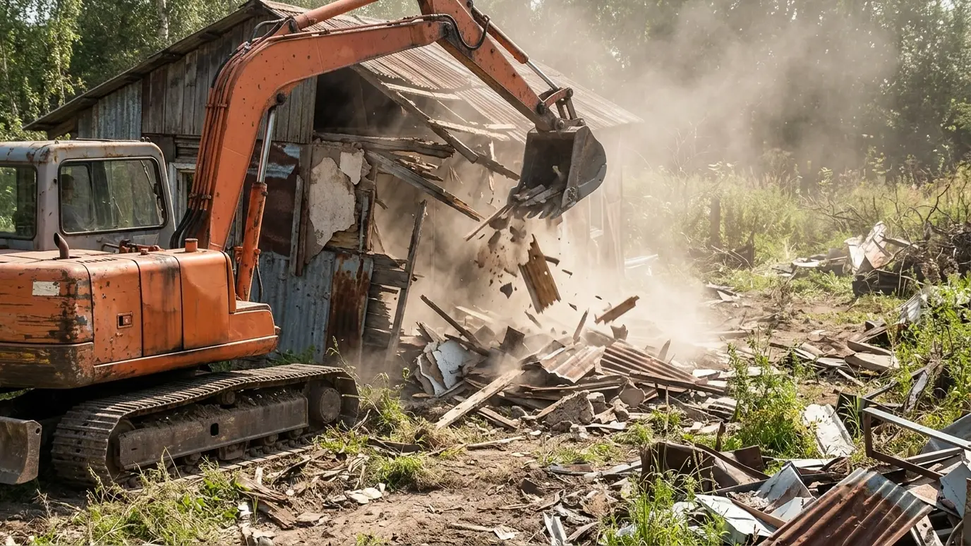 Demolish and sort An orange excavator pulling apart the wall of an old shed with debris falling and dust in bright light