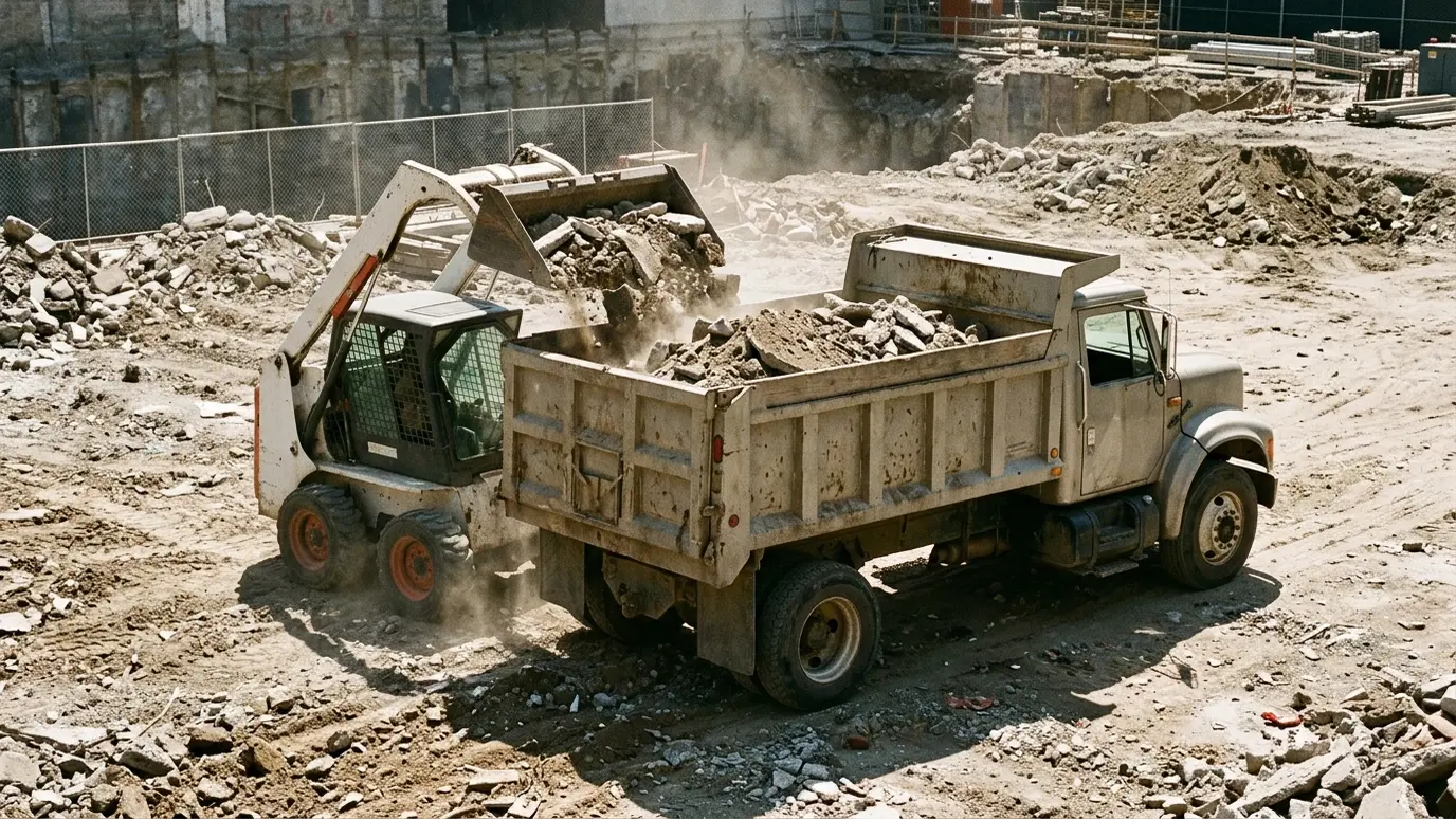 Haul and clean A dump truck being loaded with debris by a skid steer at a job site in bright light