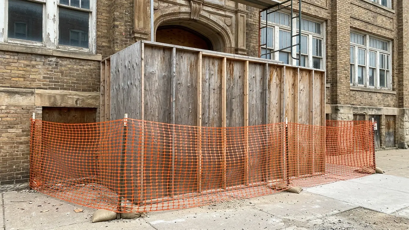 Plan, permit and protect Orange safety fencing and a plywood dust barrier set up around the entrance of an old building in bright light