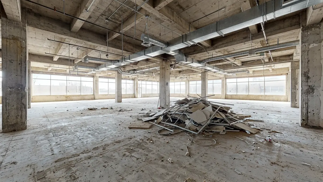 A commercial interior stripped to bare concrete