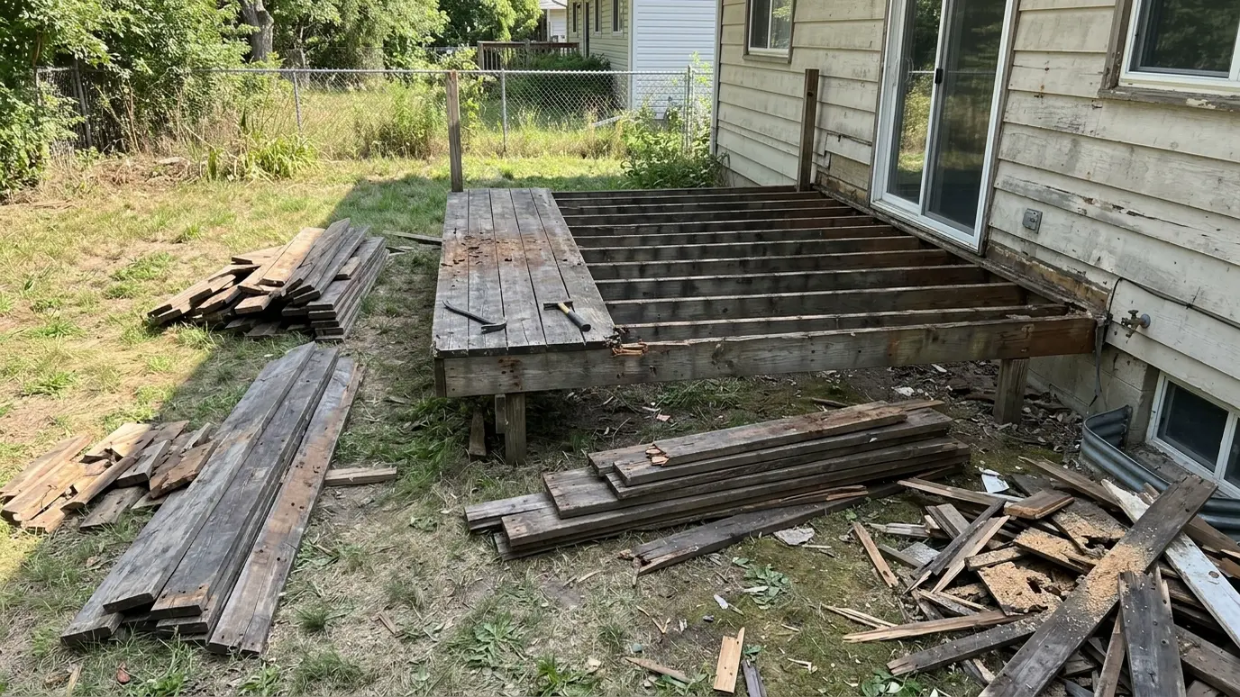 A wooden deck being taken apart board by board