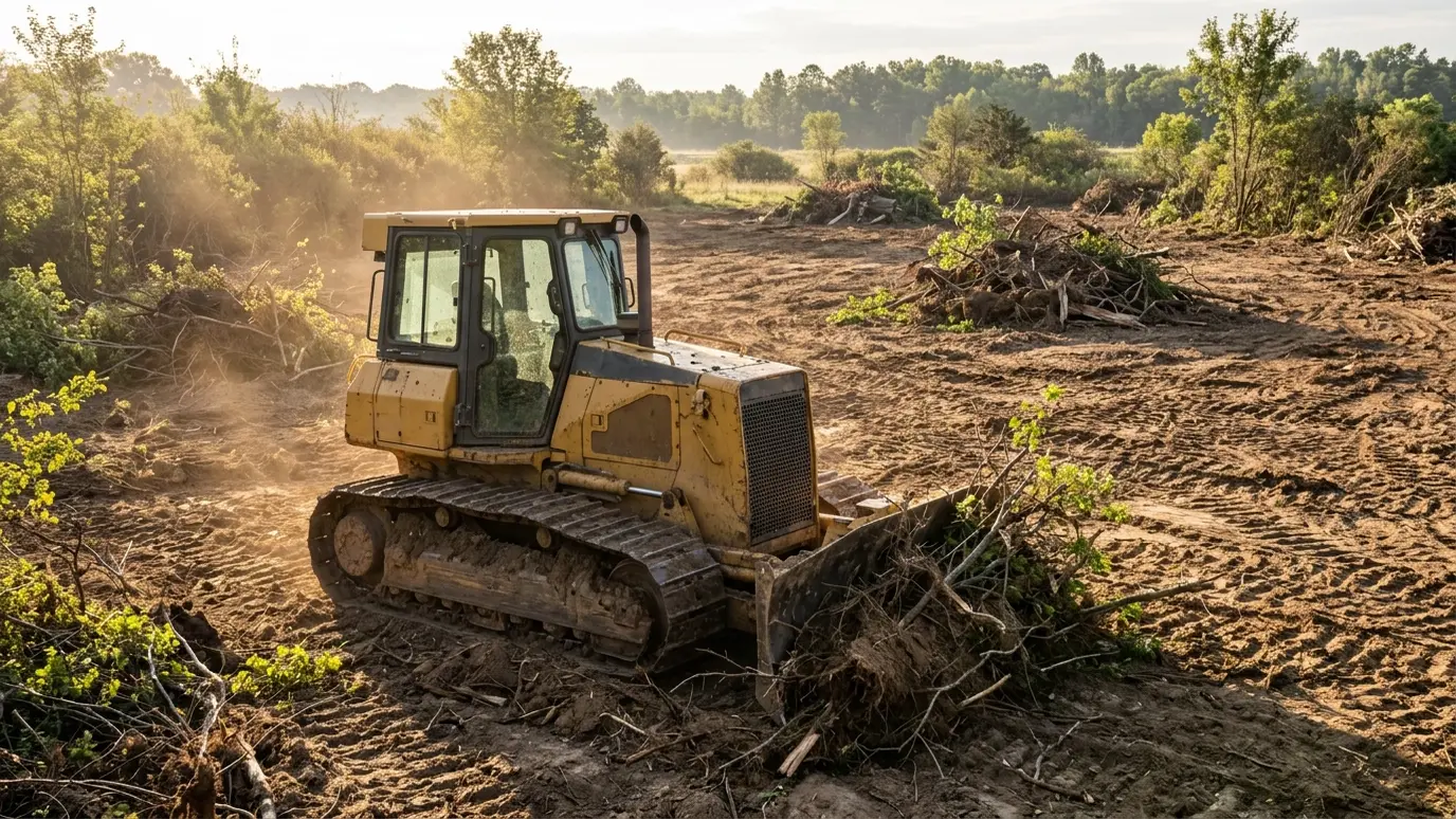 A bulldozer clearing brush into neat piles